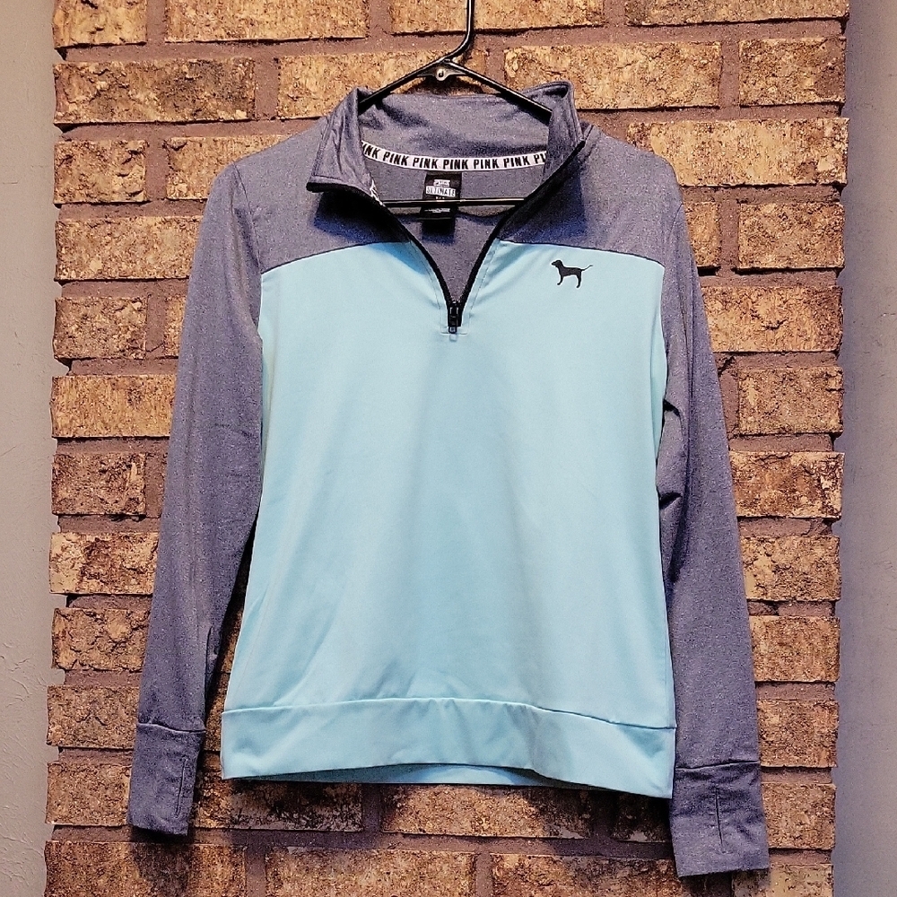 Victoria’s Secret PINK Ultimate Quarter Zip Pullover Teal Gray Size Small